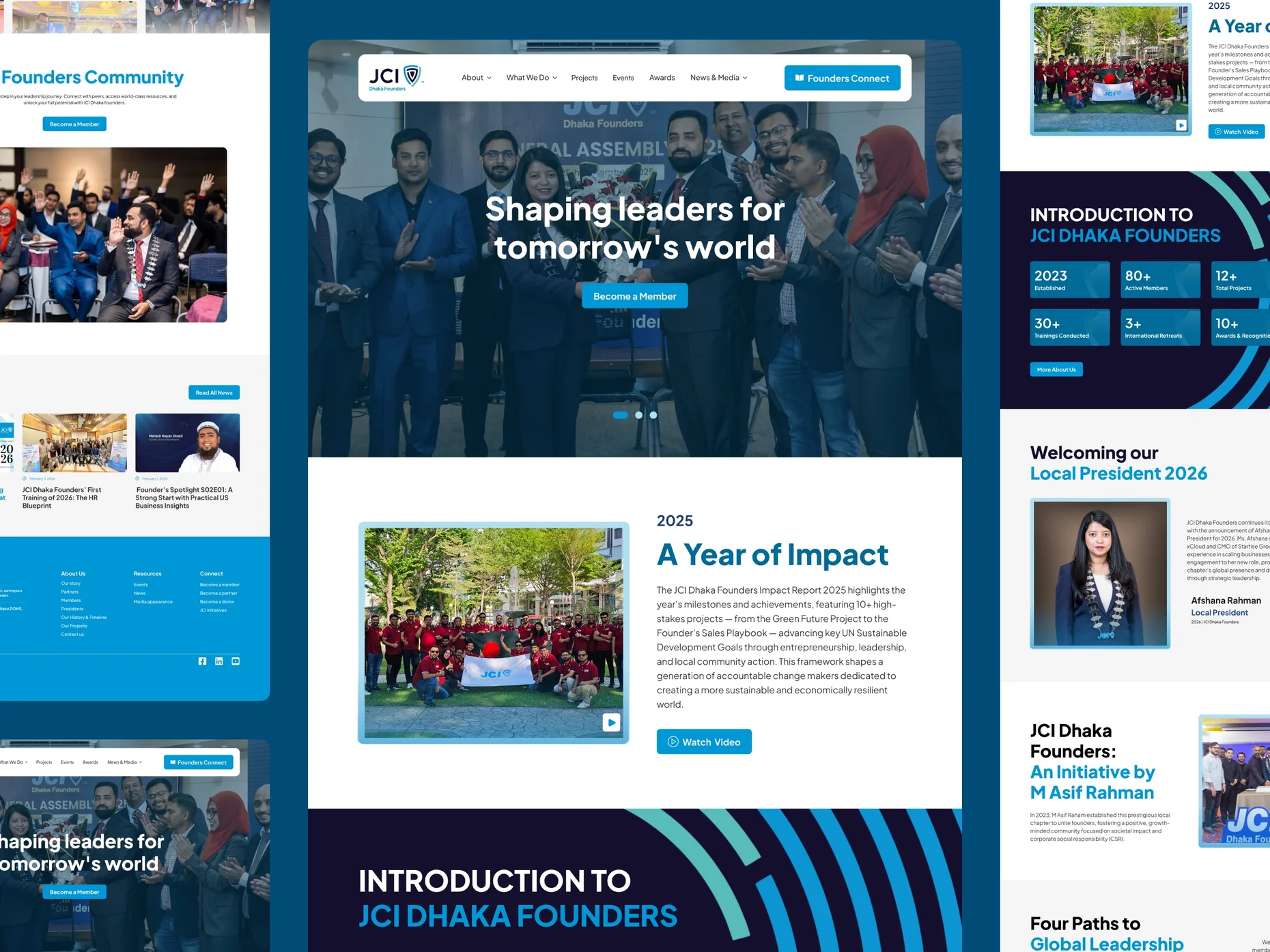 JCI Dhaka Founders desktop pages: home, About, Impact and leadership