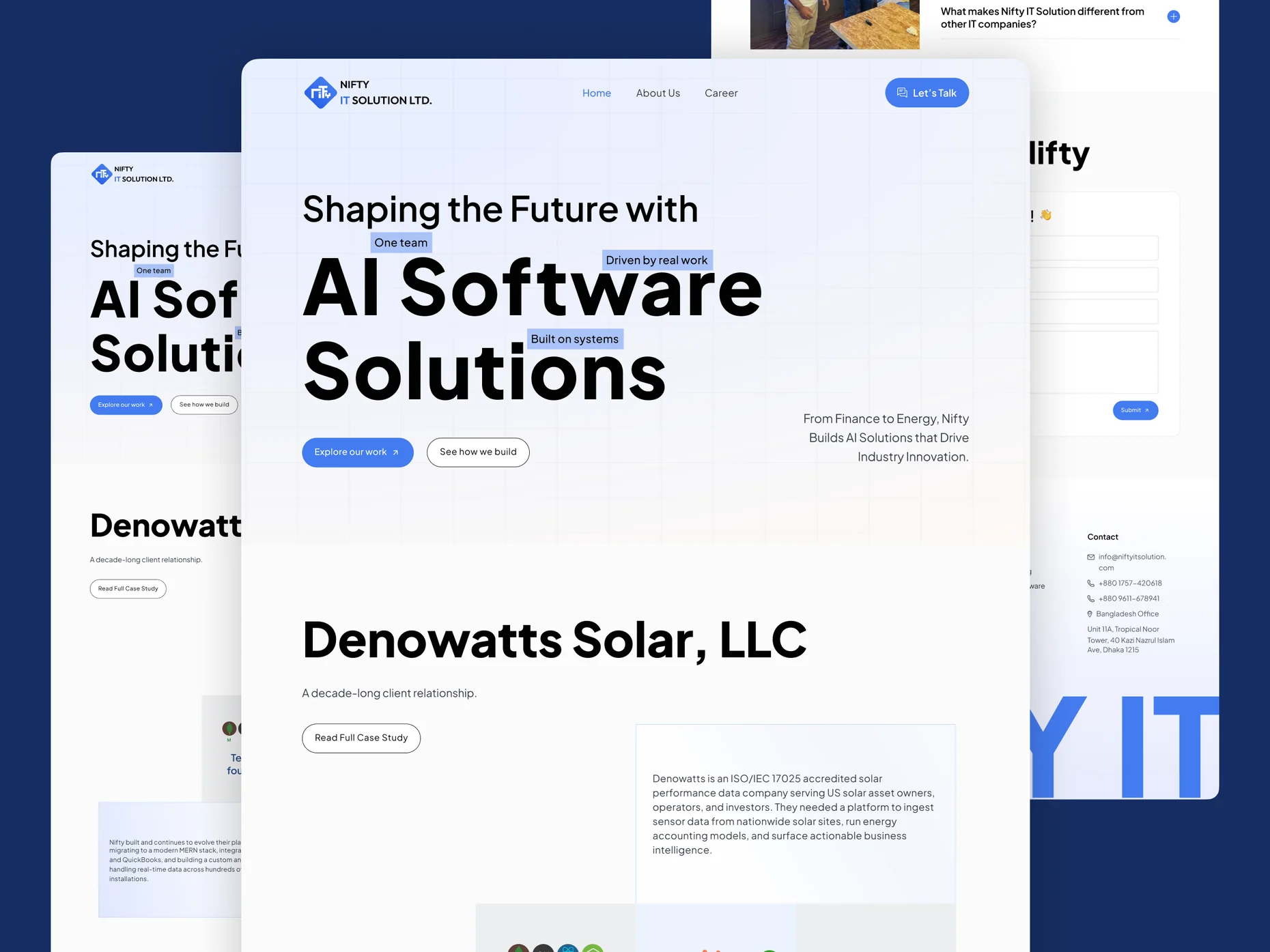 Nifty IT Solution desktop pages: home, client story and contact