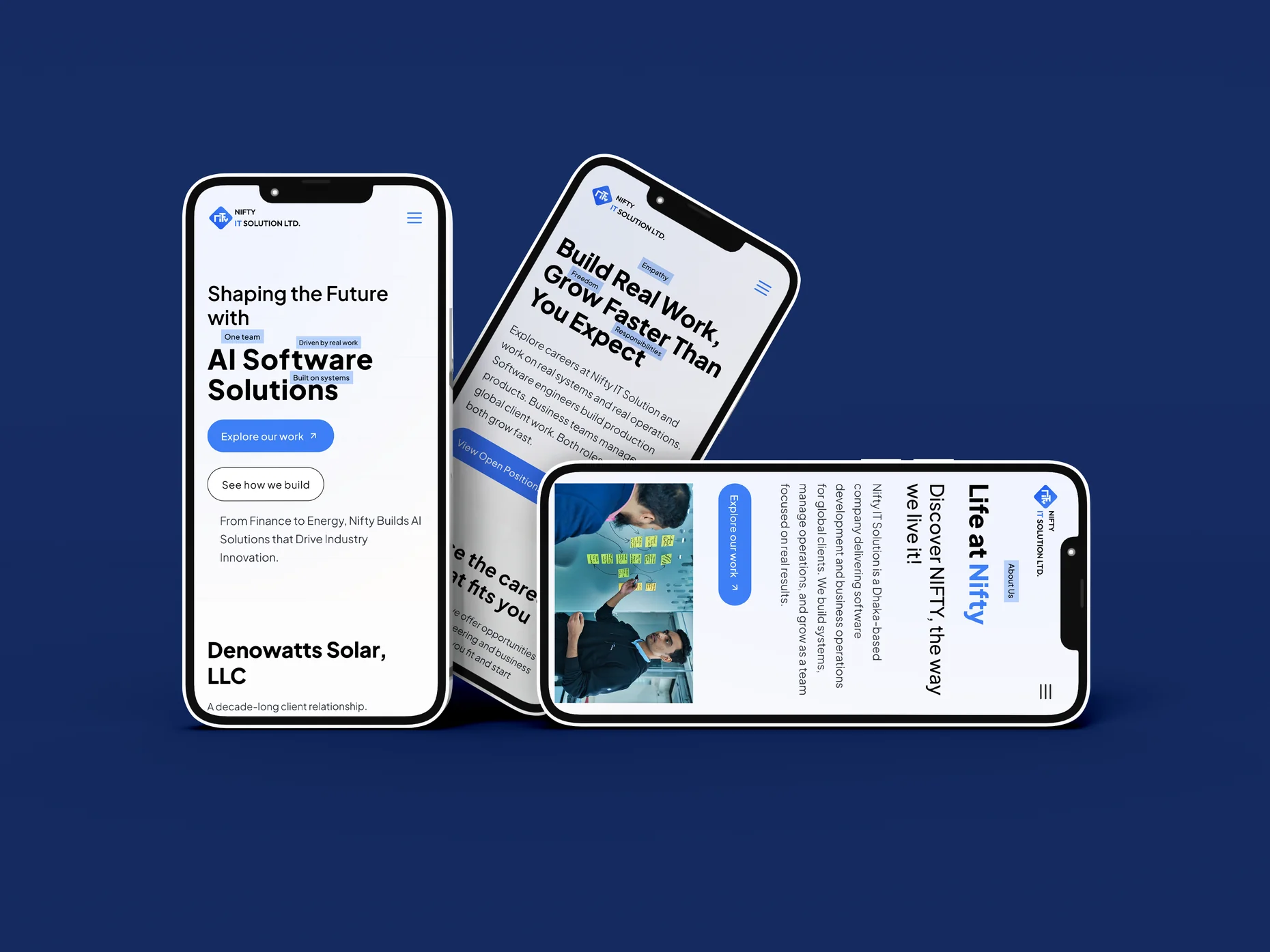 The Nifty IT Solution website on three phones