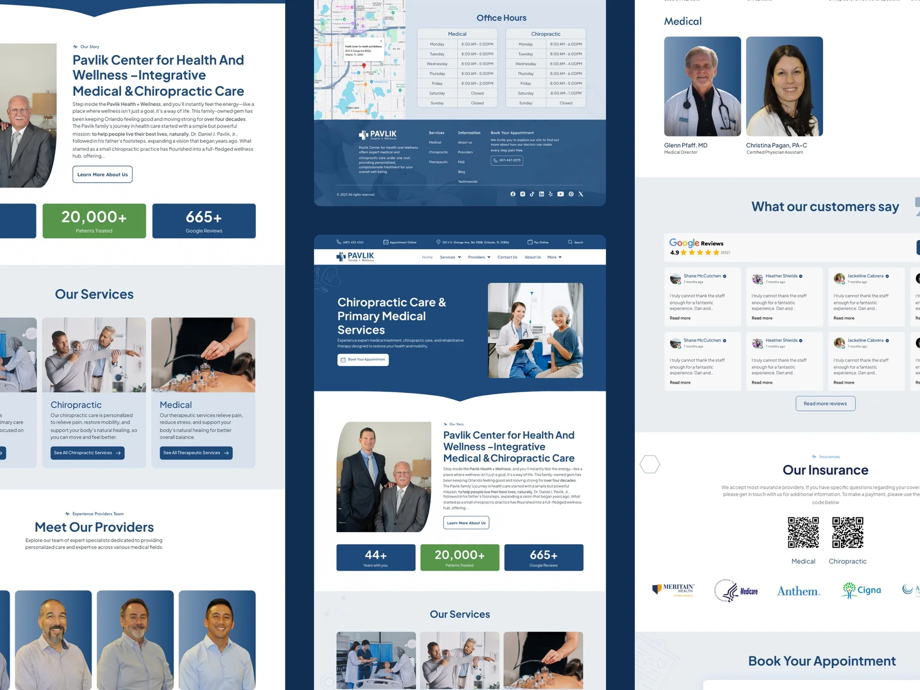 Pavlik Health & Wellness desktop pages: our story, services, providers, reviews and insurance