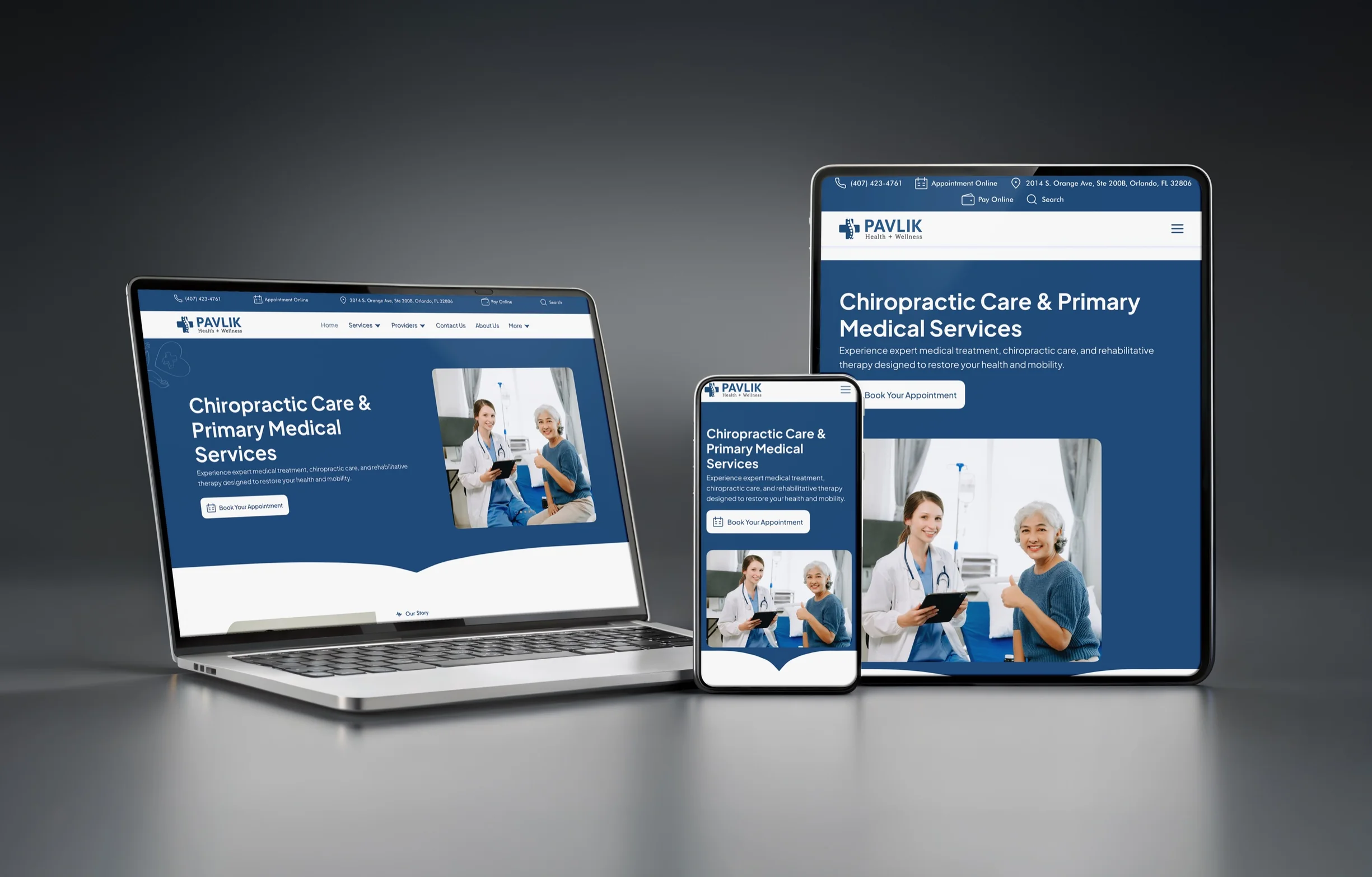 The Pavlik Health & Wellness website on a laptop, a tablet and a phone